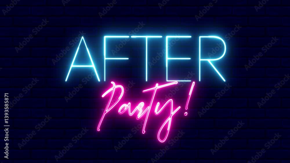 Poster after party neon sign. after party text font with neon light. luminous and shimmering haze inside th