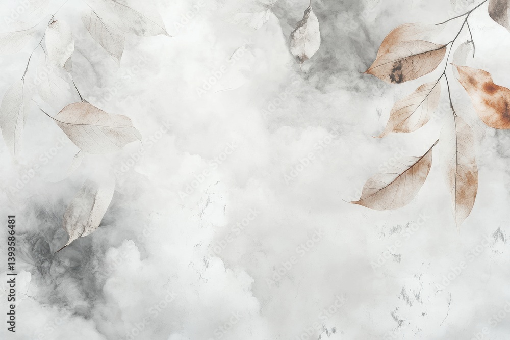 Poster floating leaves in soft neutral colors against a backdrop of clouds create a calming composition tha