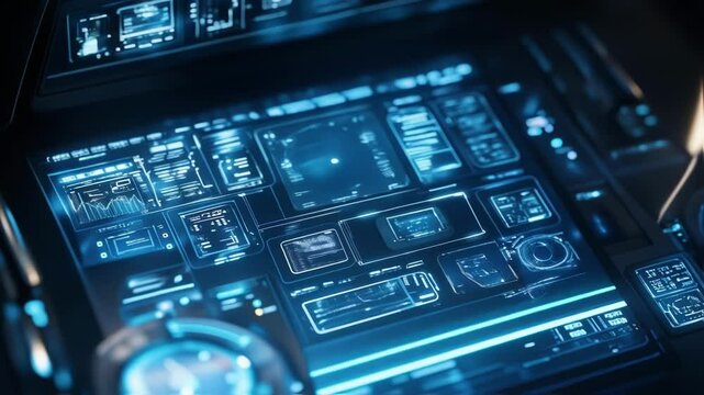 Complex digital interface displaying various metrics, charts, and system statuses, suggesting advanced technological capabilities within a spacecraft or similar high tech environment