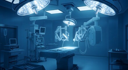 High-tech surgical suite with robotic arms