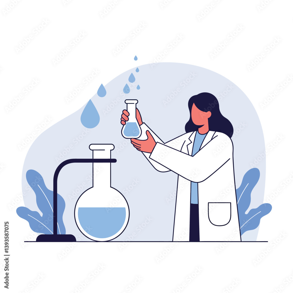 Poster scientist conducting an experiment with flasks in flat vector art style vector illustration