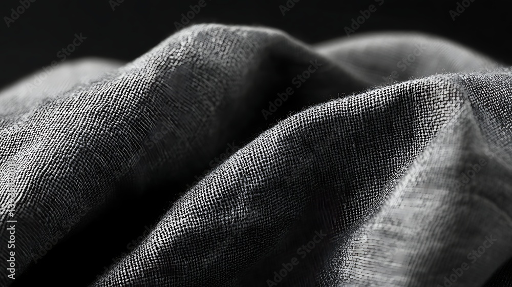 Poster close-up of textured black fabric showcasing intricate folds and patterns, emphasizing a blend of sh