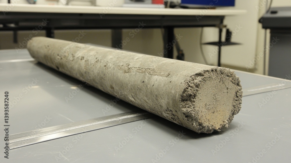 Poster concrete cylinder test sample under a load testing machine, showing the breakage point and material 
