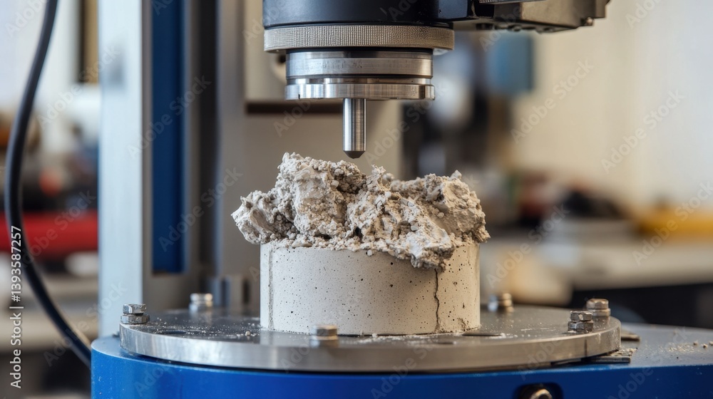Poster concrete cylinder test sample under a load testing machine, showing the breakage point and material 