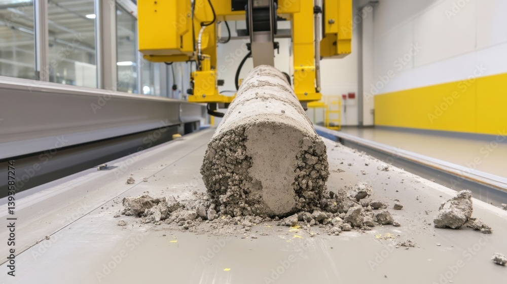 Aufkleber concrete cylinder test sample under a load testing machine, showing the breakage point and material 