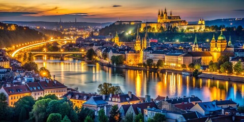 Fototapeta premium Pragues Enchanting Nighttime Skyline A Long Exposure Panorama from a City Viewpoint