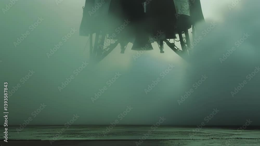 Poster retro style spaceship landing gently on a desolate alien planet, its powerful engines creating a thi