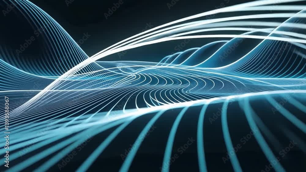 Poster mesmerizing digital landscape with flowing blue lines and waves, creating sense of depth and movemen
