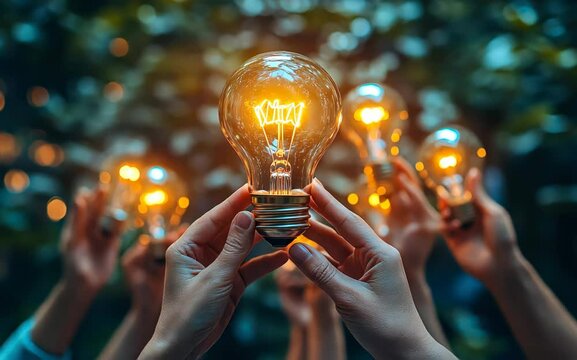 Hands holding illuminated light bulbs, symbolizing creativity, innovation, teamwork, and shared ideas in a collaborative environment.
