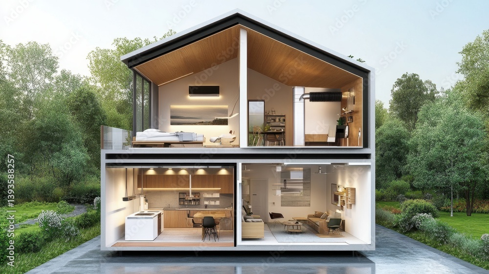 Poster cross-sectional view of a building showing structural framing, hvac systems, and load distribution