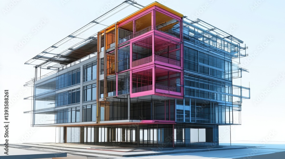 Poster cross-sectional view of a building showing structural framing, hvac systems, and load distribution