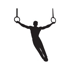 A powerful gymnast gracefully soaring through the air on the rings, a stark black silhouette against a pure white background.