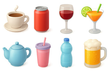3d beverage icons set: coffee, soda, wine, and more drink designs