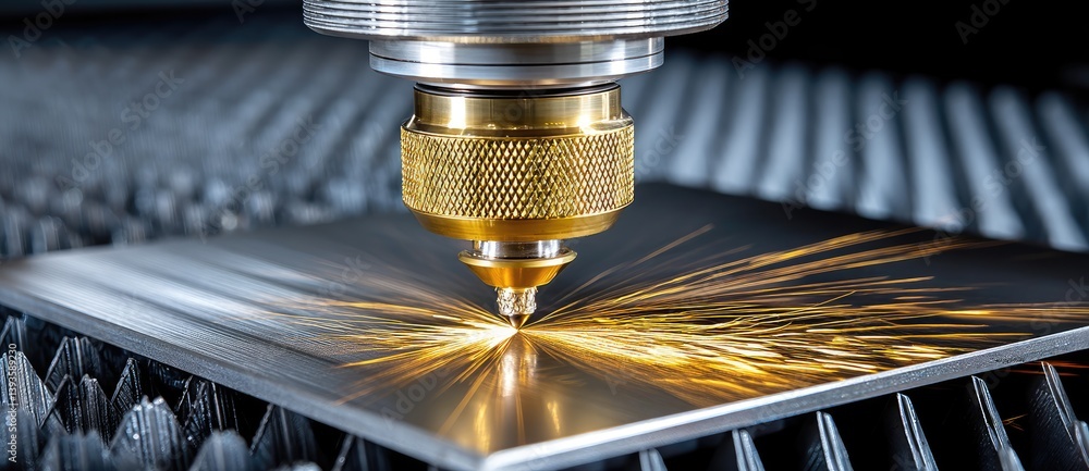 Poster a close-up of a laser cutting machine in action, showcasing sparks and precision as it cuts through 