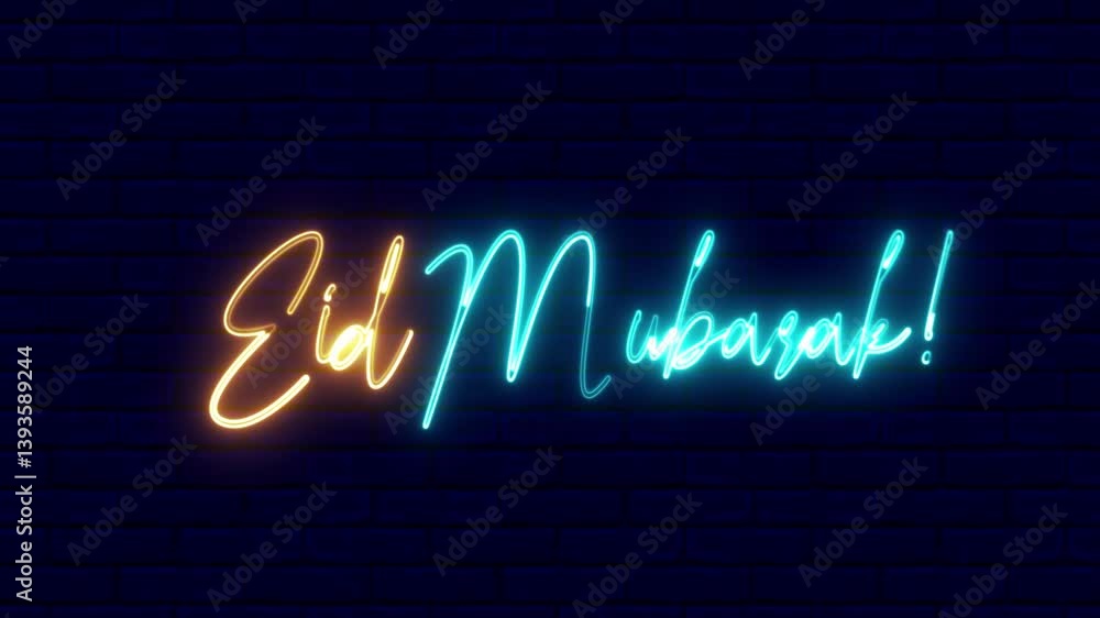 Poster eid mubarak neon sign. eid mubarak text font with neon light. luminous and shimmering haze inside th