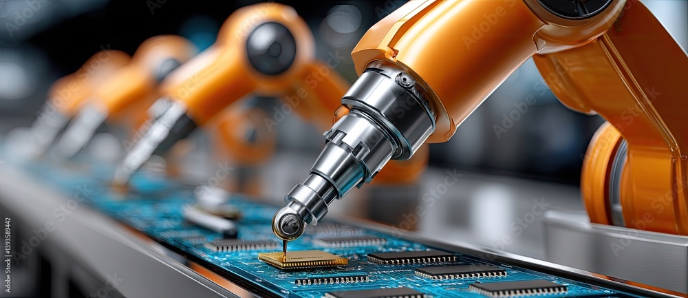 Poster a close-up of robotic arms precisely assembling electronic components on a circuit board in a high-t