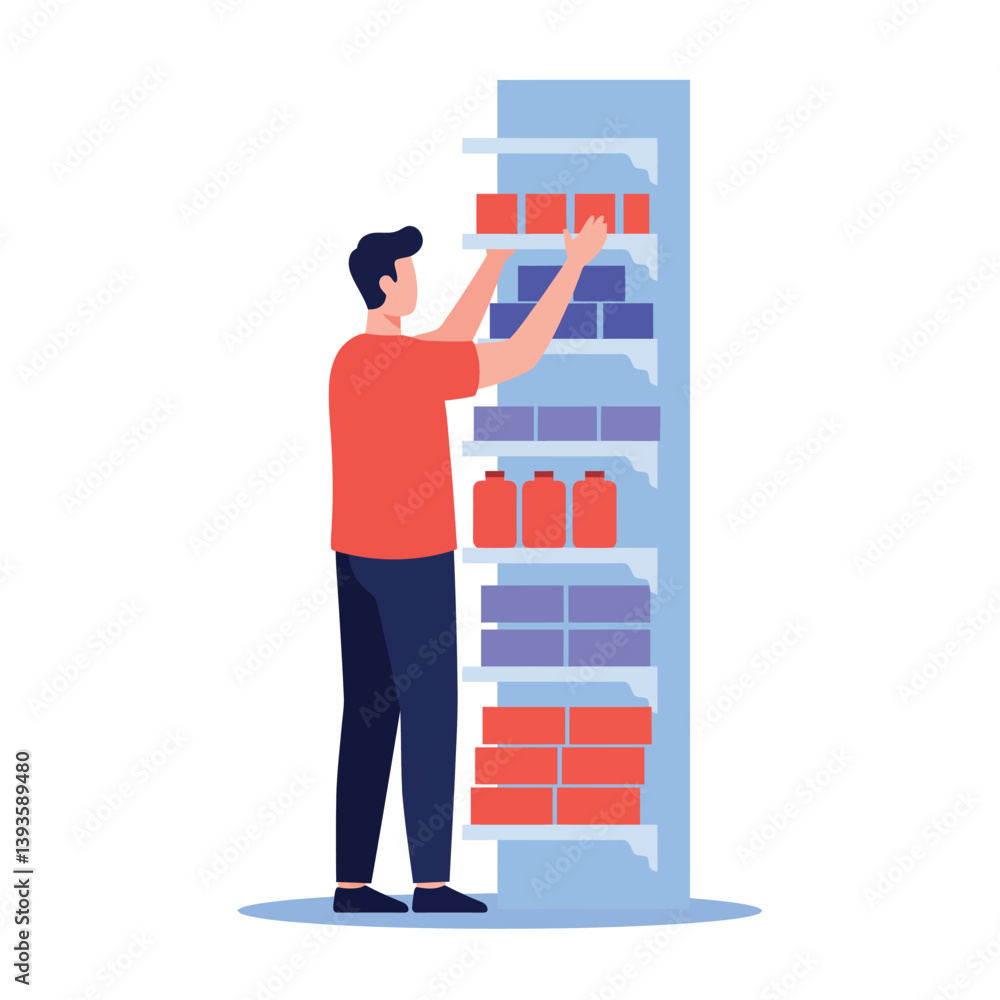 Poster man organizing shelves in a store with flat design vector art