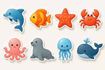 Adorable sea animals icons set in flat style: dolphin, fish, starfish, crab, octopus, seal, jellyfish, whale