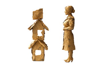 Divorce concept man and woman torn paper house isolated on transparent background