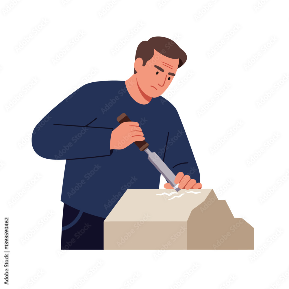 Poster man chiseling stone in flat design style showcasing craftsmanship in vector art