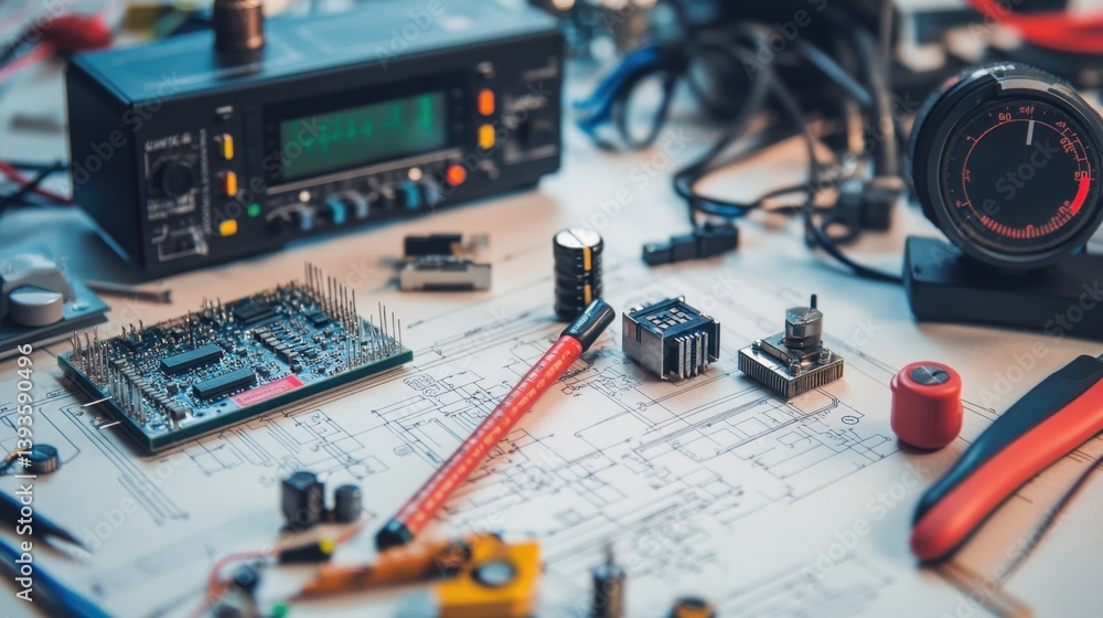 Poster electrical schematics spread across a desk with a digital oscilloscope and waveform generator nearby