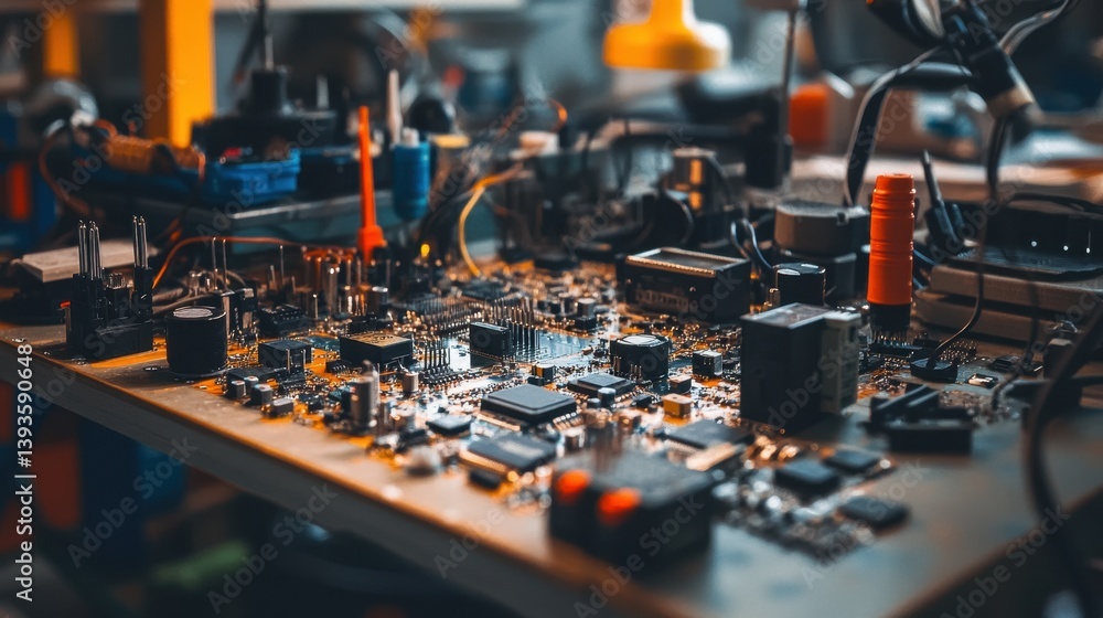 Poster electronic circuit board with components, multimeter, and soldering tools neatly arranged on an engi