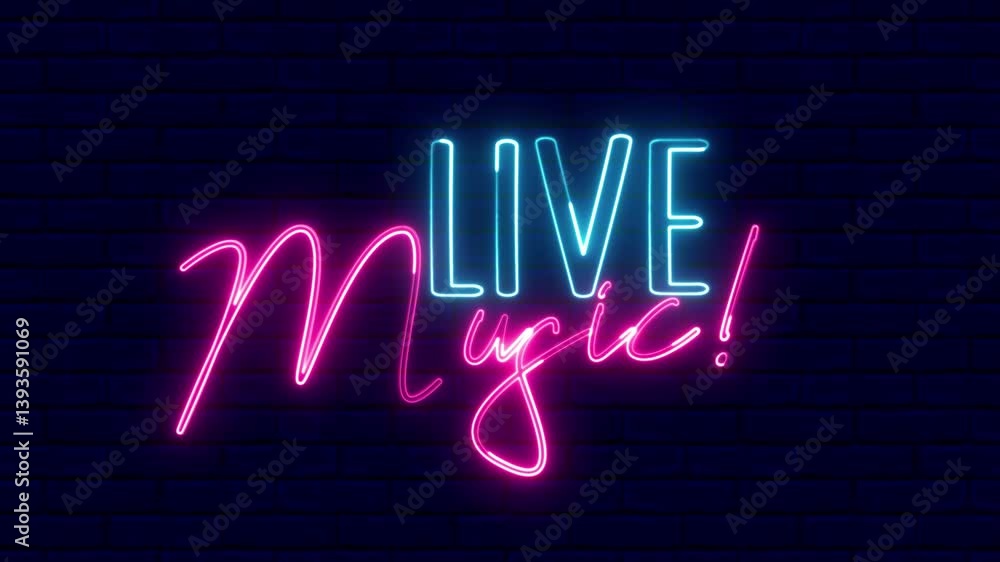 Poster live music neon sign. live music text font with neon light. luminous and shimmering haze inside the 