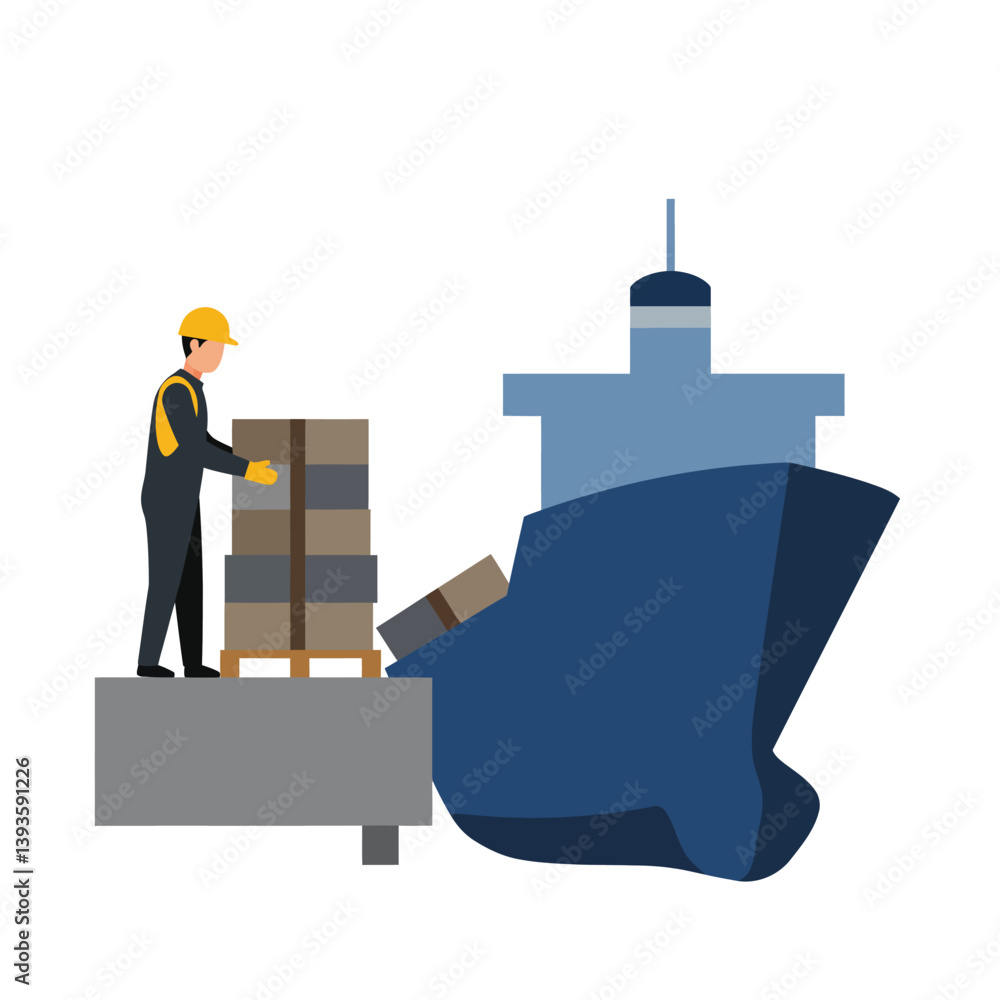 Poster worker loading boxes onto a ship in a flat design vector illustration