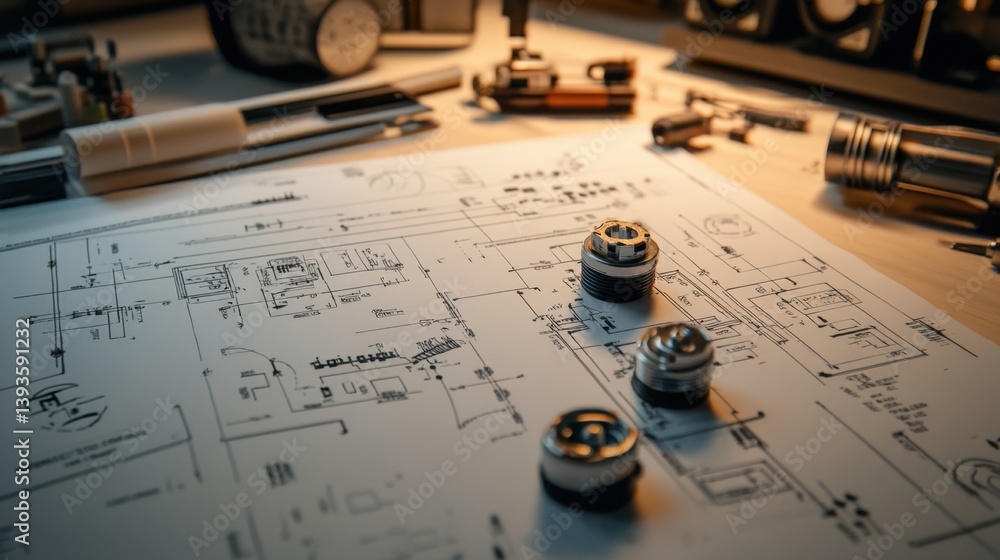 Poster engineering diagrams and electrical schematics laid out on a desk, with technical annotations and pa