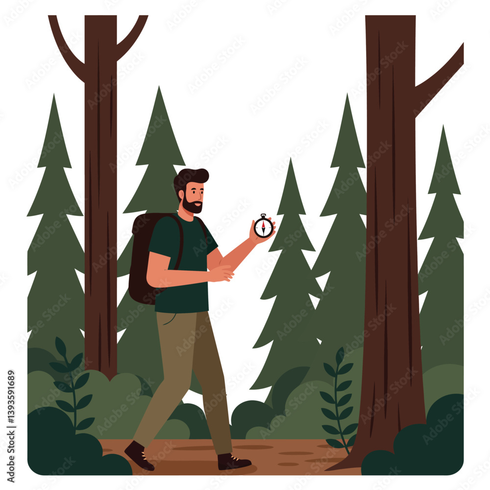 Aufkleber adventurous hiker checking compass in serene forest setting flat vector illustration