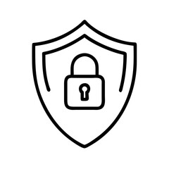 Minimal black outline icon of padlock inside shield representing secure protection, data privacy and cybersecurity defense concept