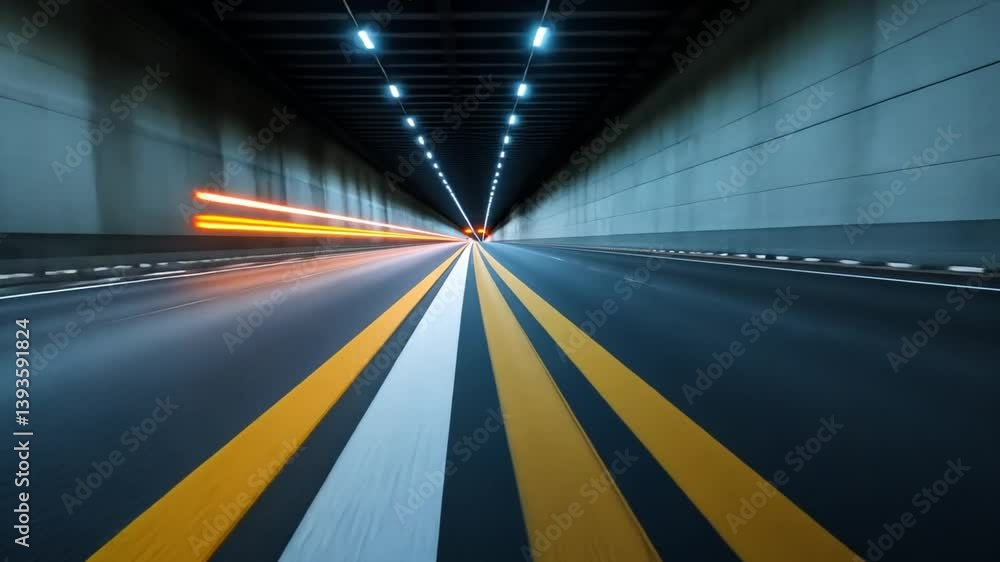 Poster illuminated tunnel of motion speed and light trails on urban asphalt roads with dynamic lines and tr