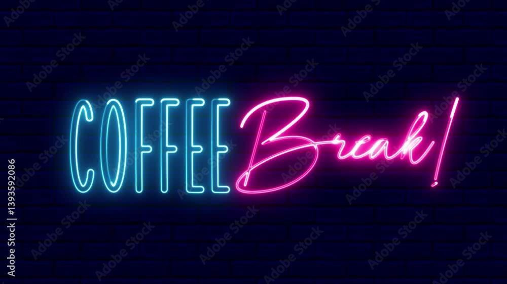 Poster coffee break neon sign. coffee break text font with neon light. luminous and shimmering haze inside 