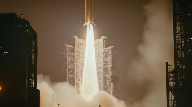 Massive rocket launching vertically, generating intense flames and billowing smoke while rising from launchpad against dark night sky, capturing dramatic space exploration moment