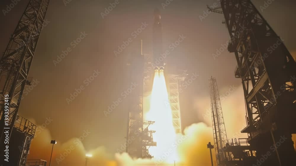 Poster night launch of a space rocket illuminating the surrounding smoke and clouds with its powerful engin