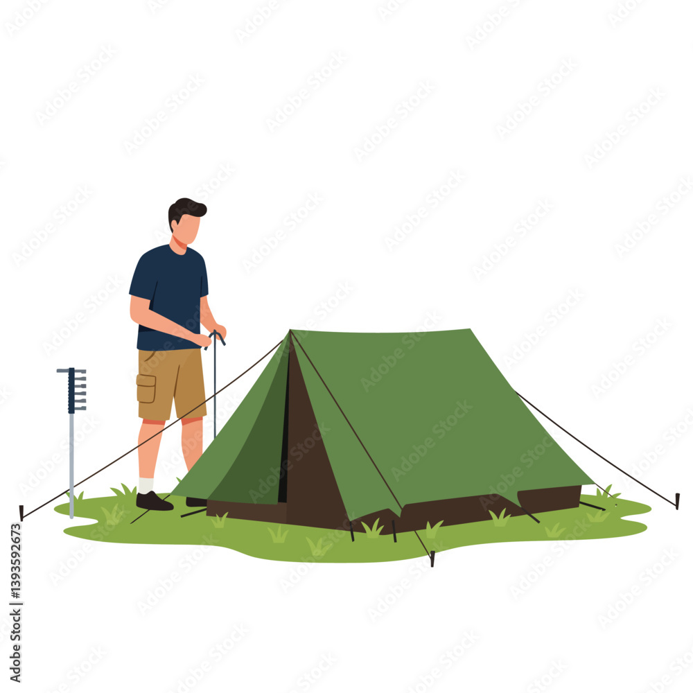 Poster man setting up a camping tent in a flat and minimal vector illustration