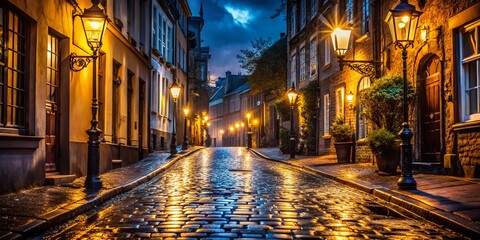 Fototapeta premium Enchanting European Night Cobblestone Streets Gas Lamps and a Rainy Evening