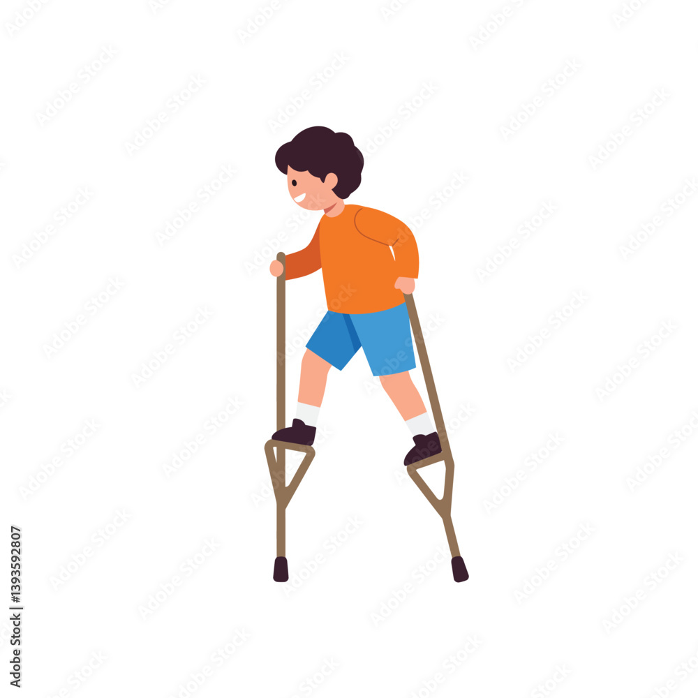 Poster child using crutches in playful stance with flat design style vector art