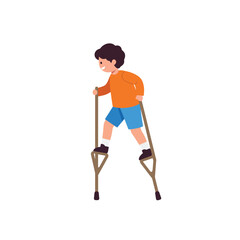 Child using crutches in playful stance with flat design style vector art