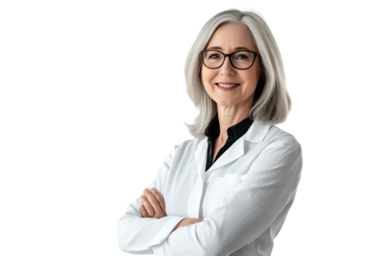 Portrait, doctor and smile of woman with arms crossed in studio isolated on a white background. Healthcare, face and mature female medical professional from Australia with confidence and happiness.