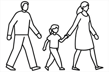 Minimalist family line art of father, mother, and child walking