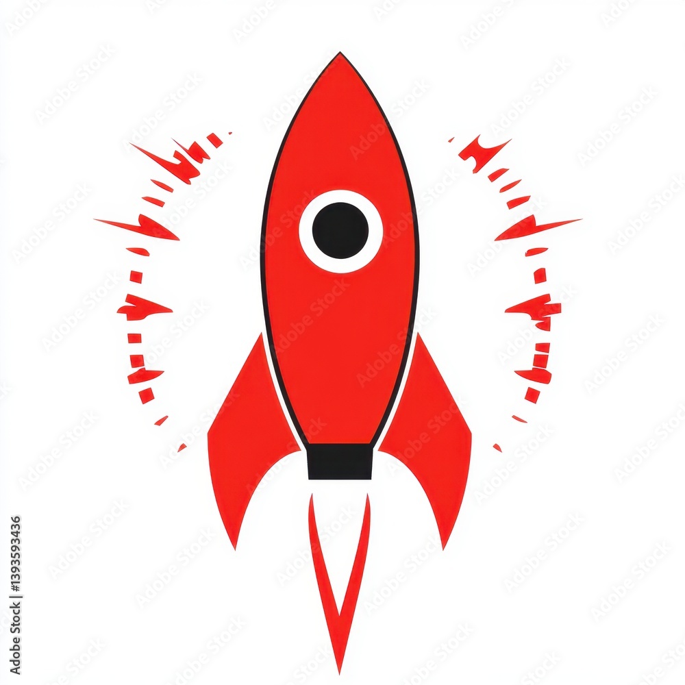 Poster simple red rocket icon on white background design featuring geometric shapes for space exploration a