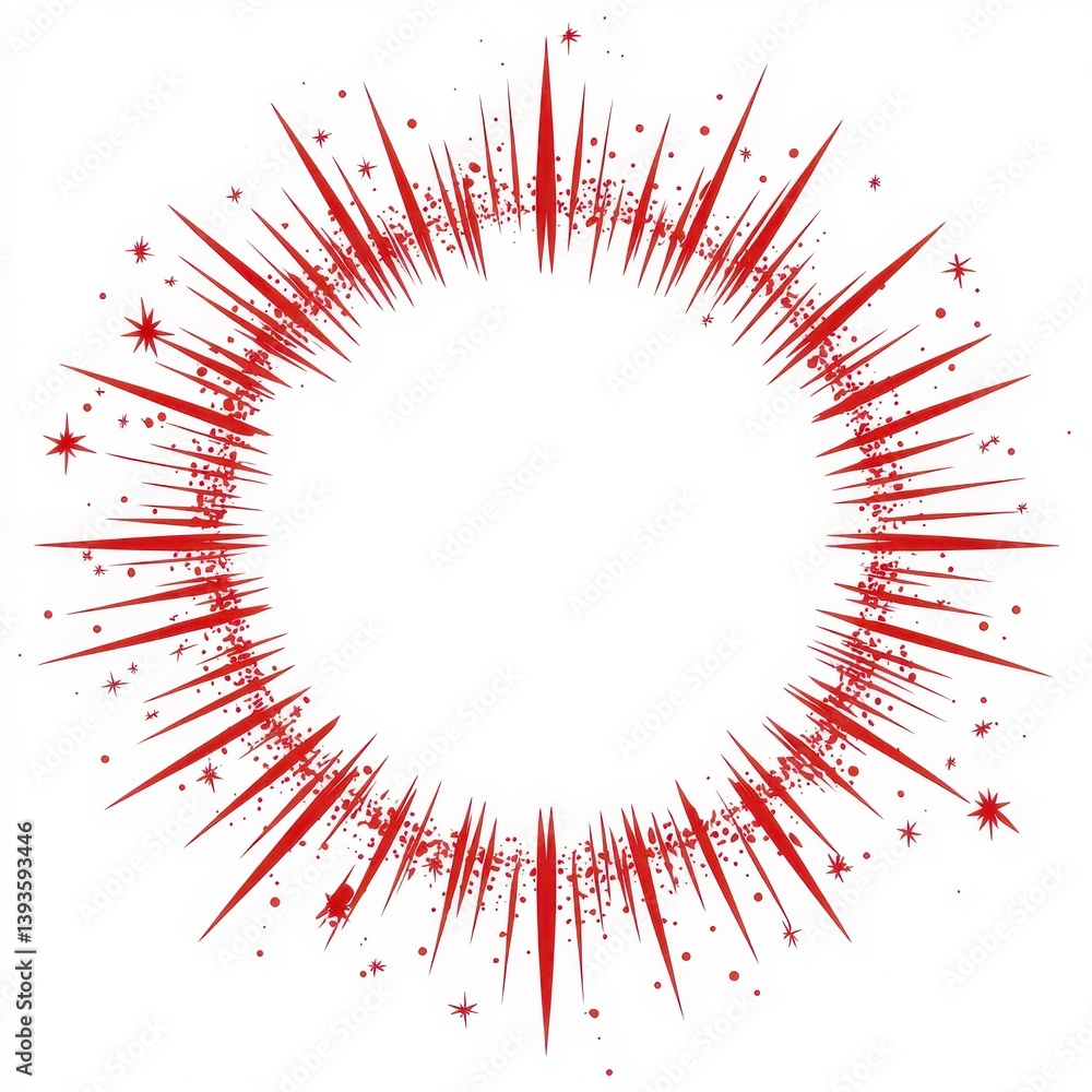 Poster simple red star burst ring icon on isolated white background circular radial explosion abstract desi