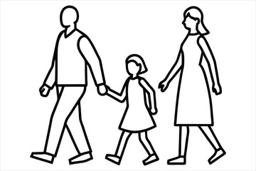 Minimalist family line art of father, mother, and child walking