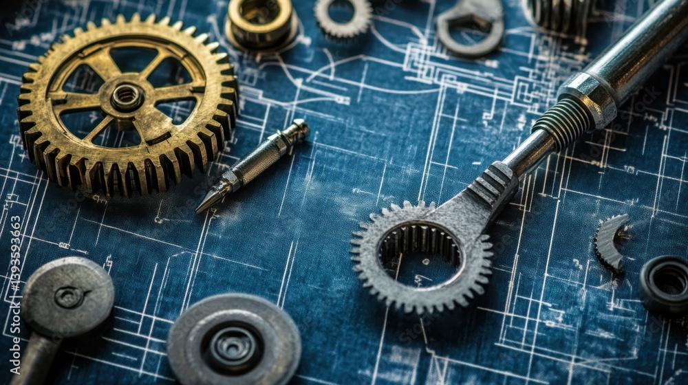Poster gears and shafts on blueprint background with engineering tools like micrometer and torque wrench