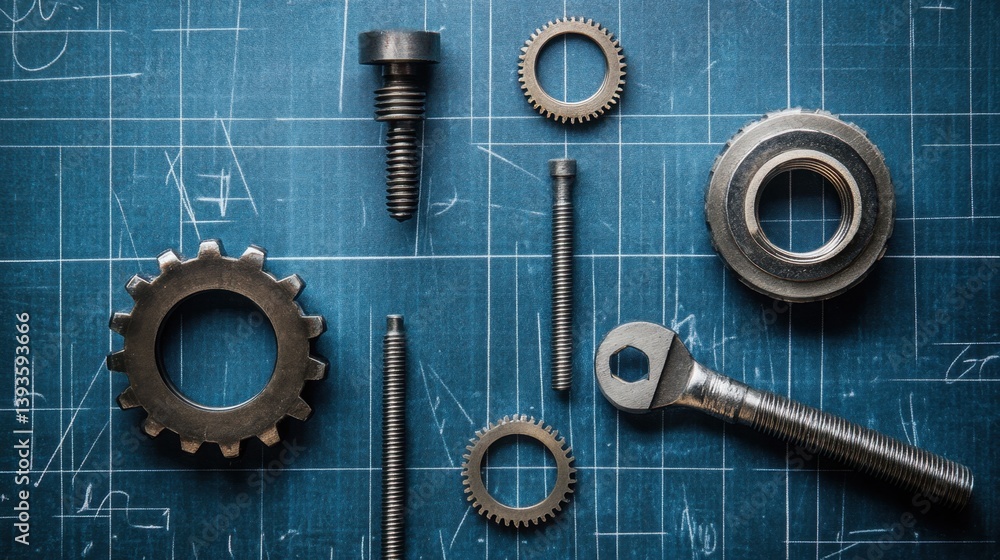 Poster gears and shafts on blueprint background with engineering tools like micrometer and torque wrench
