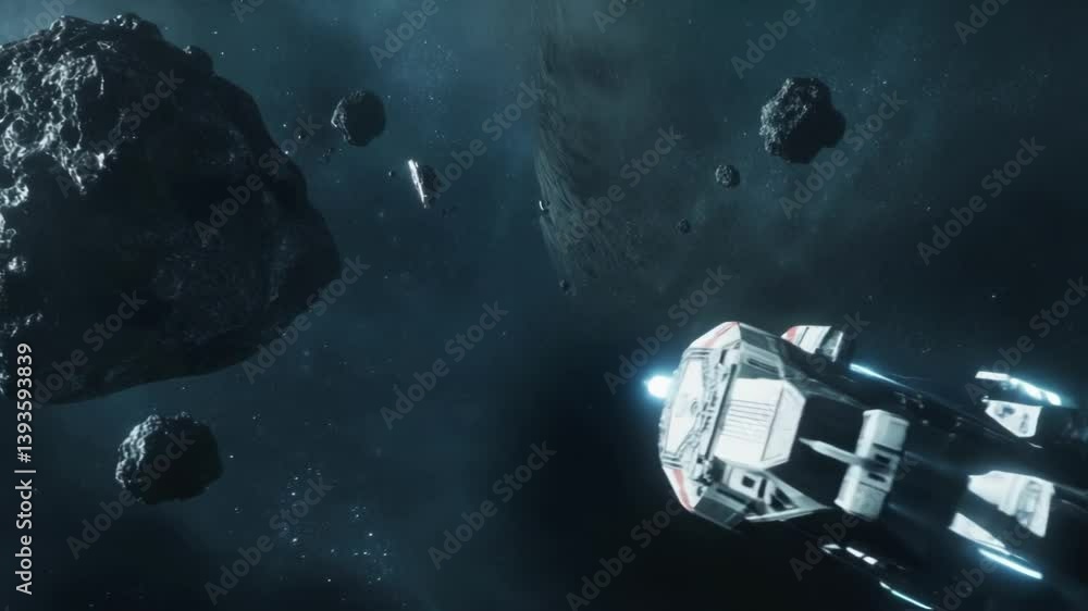 Poster futuristic spaceship maneuvering through a dangerous asteroid field in the vast expanse of deep spac