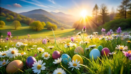 Easter Eggs in Spring Meadow at Sunrise