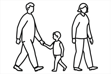 Minimalist family line art of father, mother, and child walking