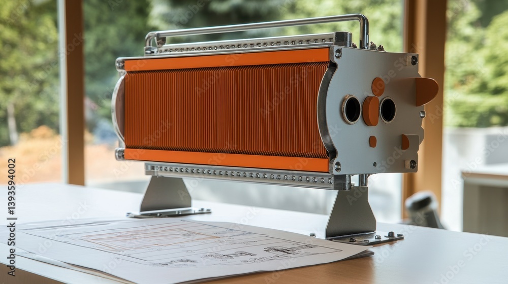 Poster heat exchanger model placed on a bench with thermal diagrams and calculation sheets beside